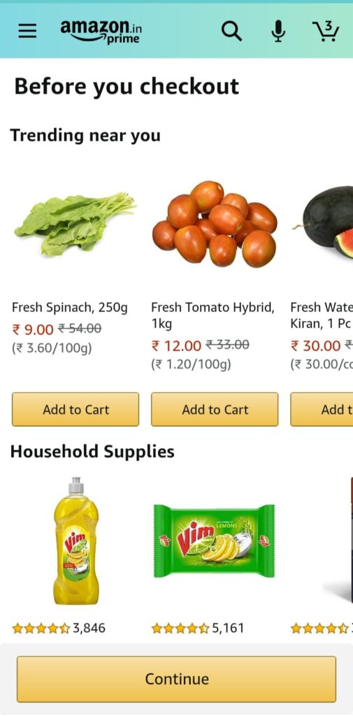 When purchasing from amazon fresh, when the user checkout after adding the product into the cart, Amazon shows this screen