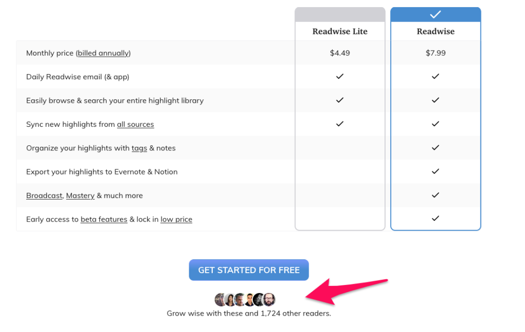 Instapaper.com provides a number of their current customers under the "Get started for free" CTA to increase the probability