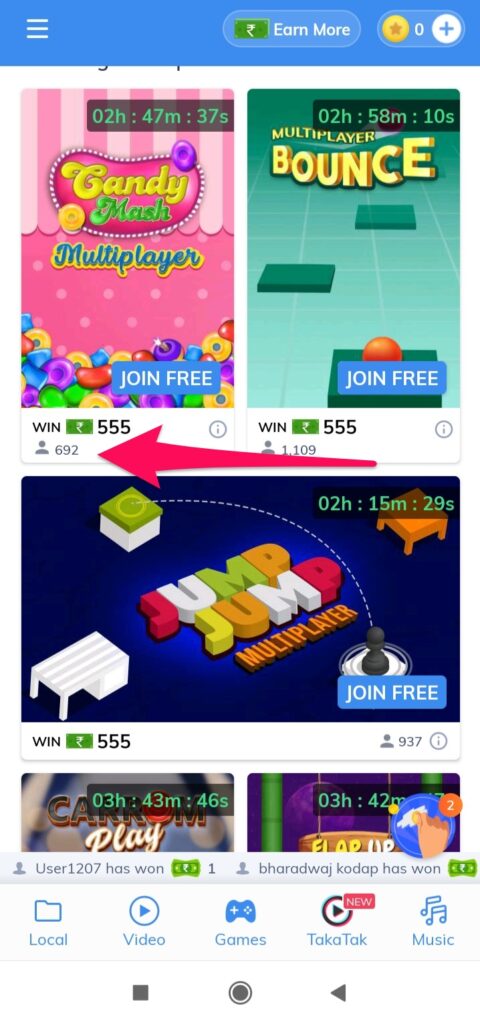 Mx player games provide the numbers of users who are playing the game so others can choose which game should they play and