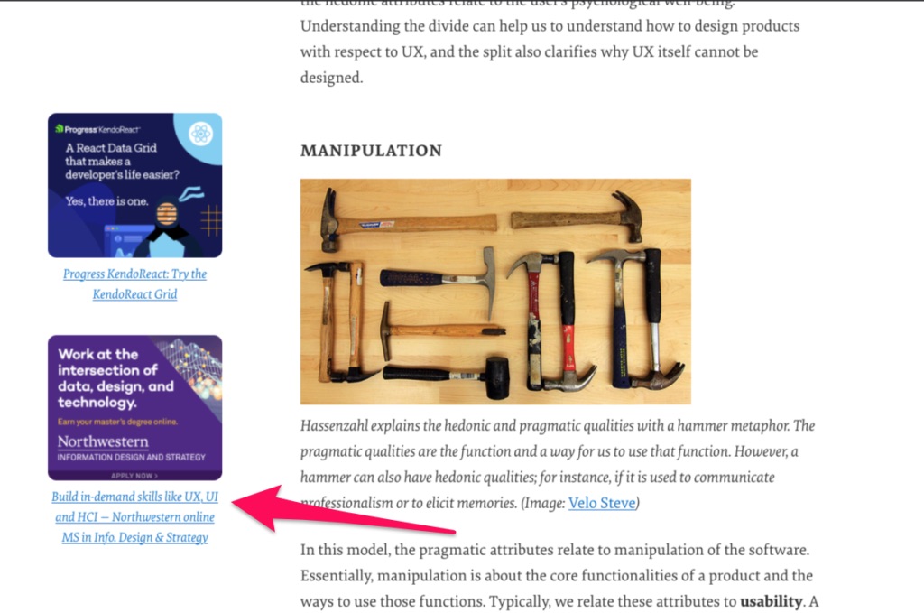 Smashing Magazine is showing promotional ad's related to UI, UX design when I am reading the article on topic of UX design.