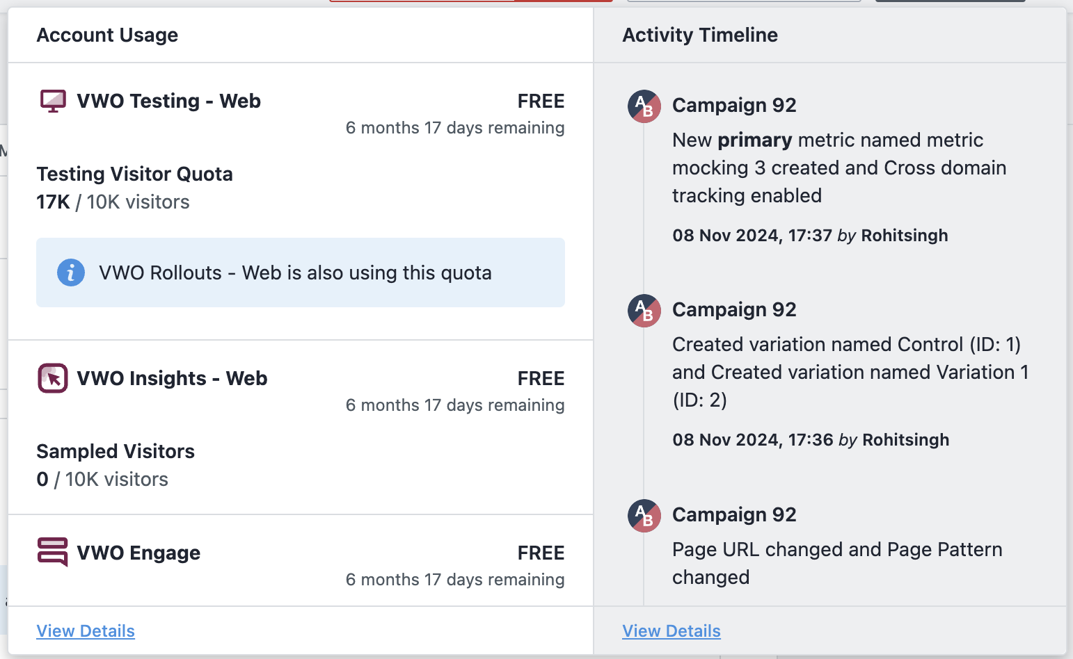 The old account usage panel sitting next to an unrelated activity timeline