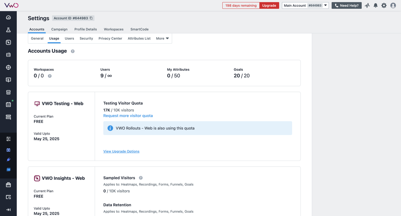 The old Accounts to Usage screen, showing quota as a raw 17K of 10K visitors with no forecast