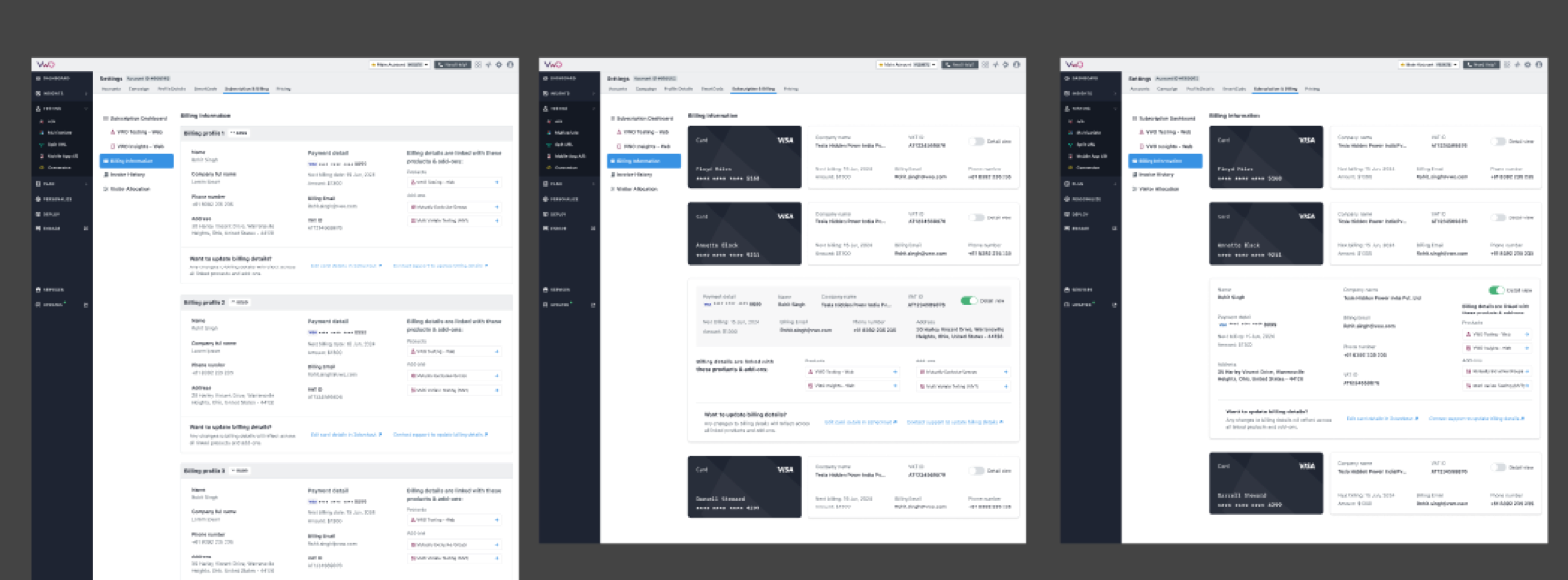 Billing profile iterations, from single profile to multiple card layouts